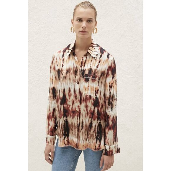 Nanushka Celes Tie Dye Button Down Shirt Brown Orange Black Long Sleeve Size M - Picture 4 of 9